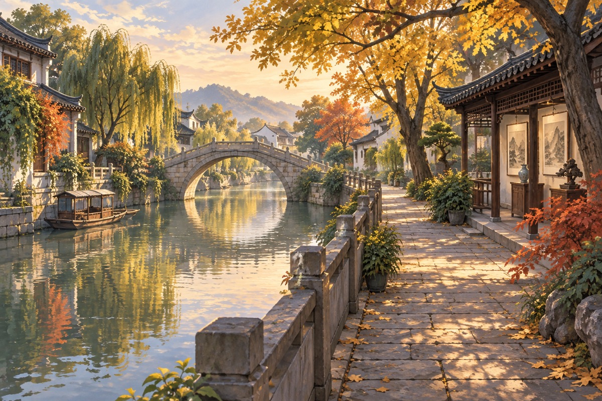 秋日河岸街道、拱桥与文化展厅的文旅主题插画